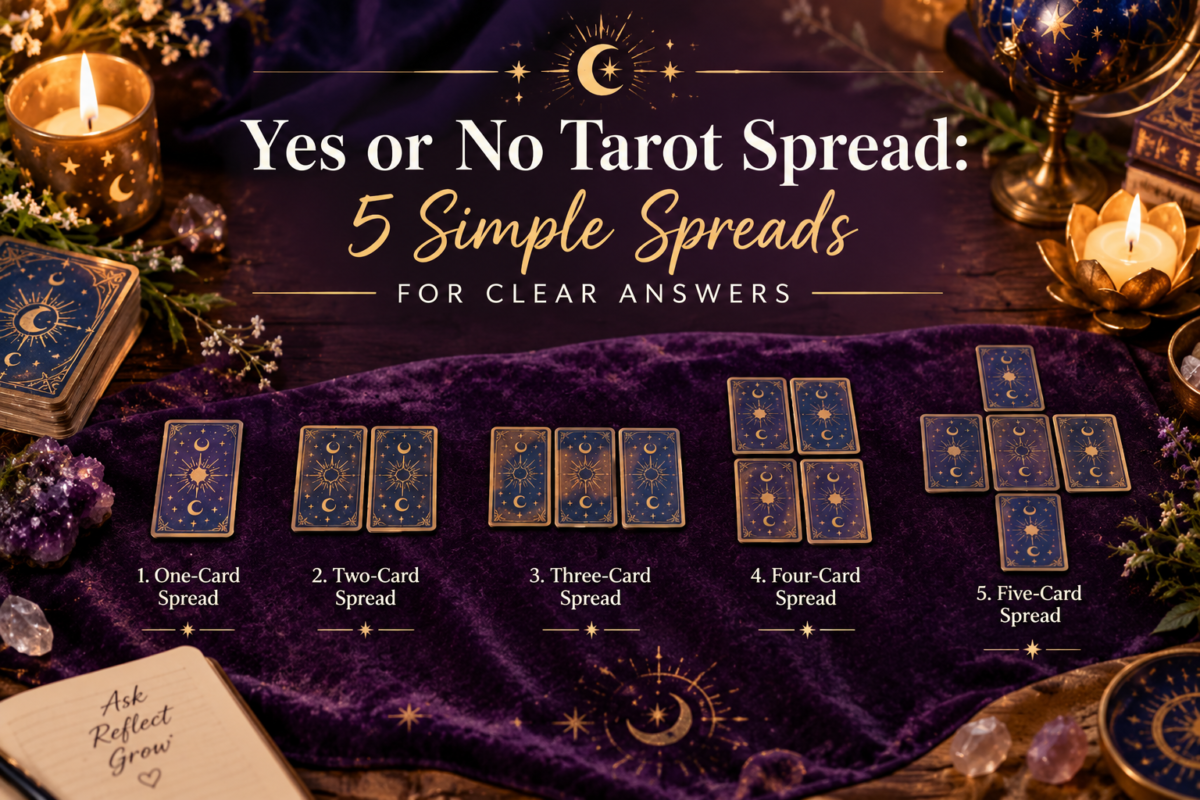 Yes or no Tarot spread with five card layouts on a purple cloth with candles and celestial decorations