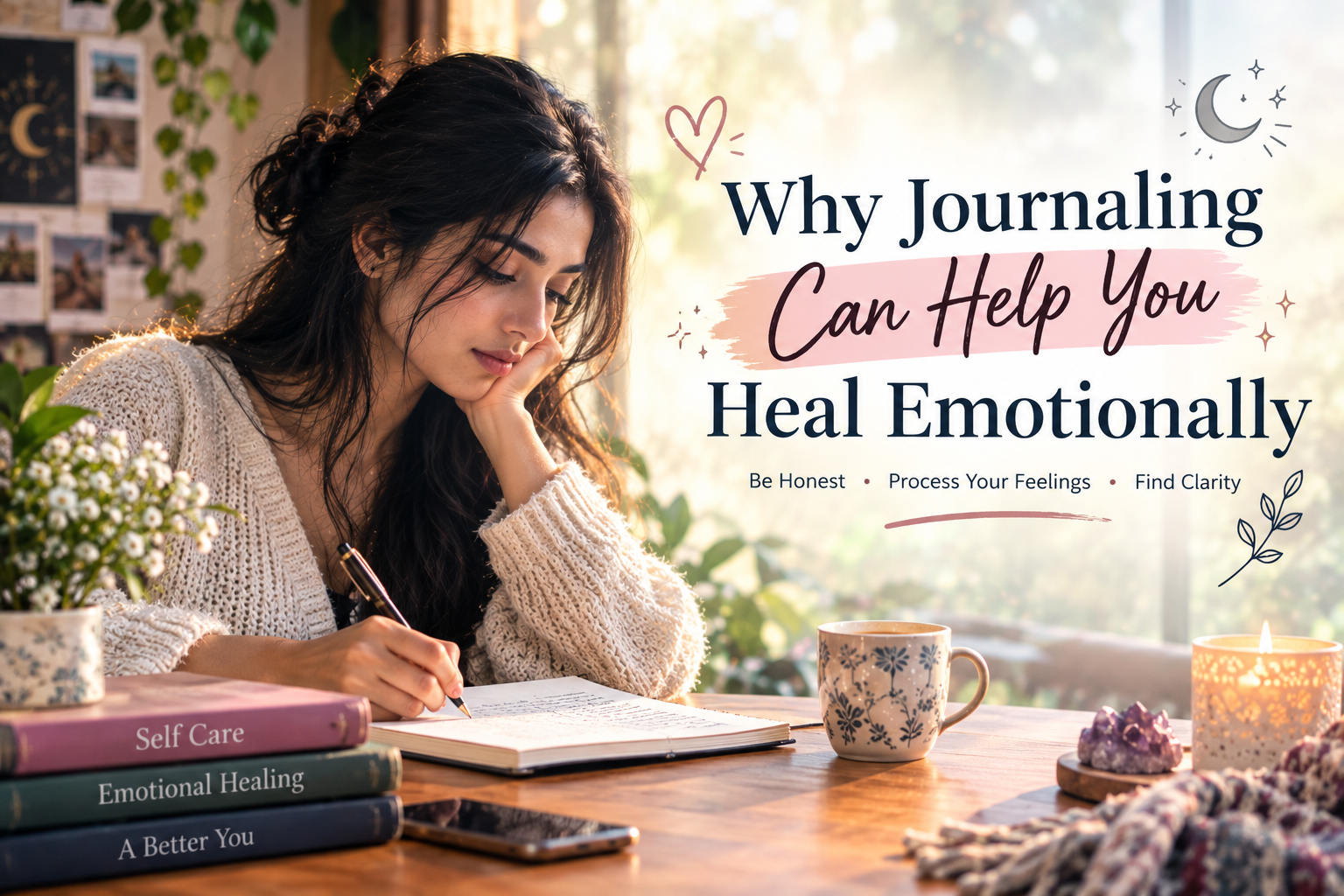 Woman journaling for emotional healing in a peaceful setting