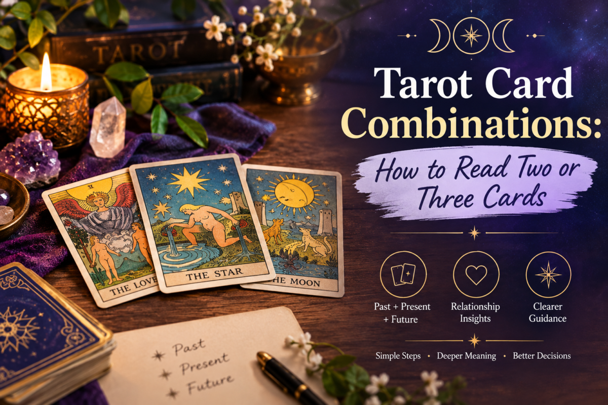 Tarot card combinations with two Tarot cards side by side and a three-card spread on a mystical celestial table