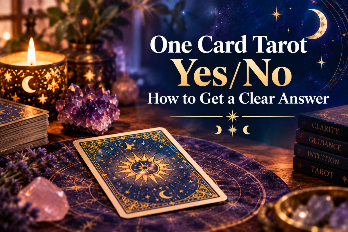 One card Tarot yes or no reading with a single Tarot card and celestial background