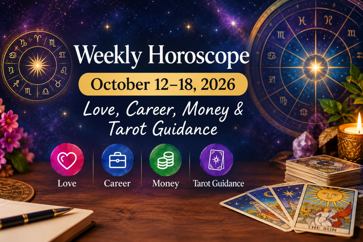 Weekly horoscope October 12–18, 2026 with zodiac wheel, stars, and Tarot-inspired celestial symbols